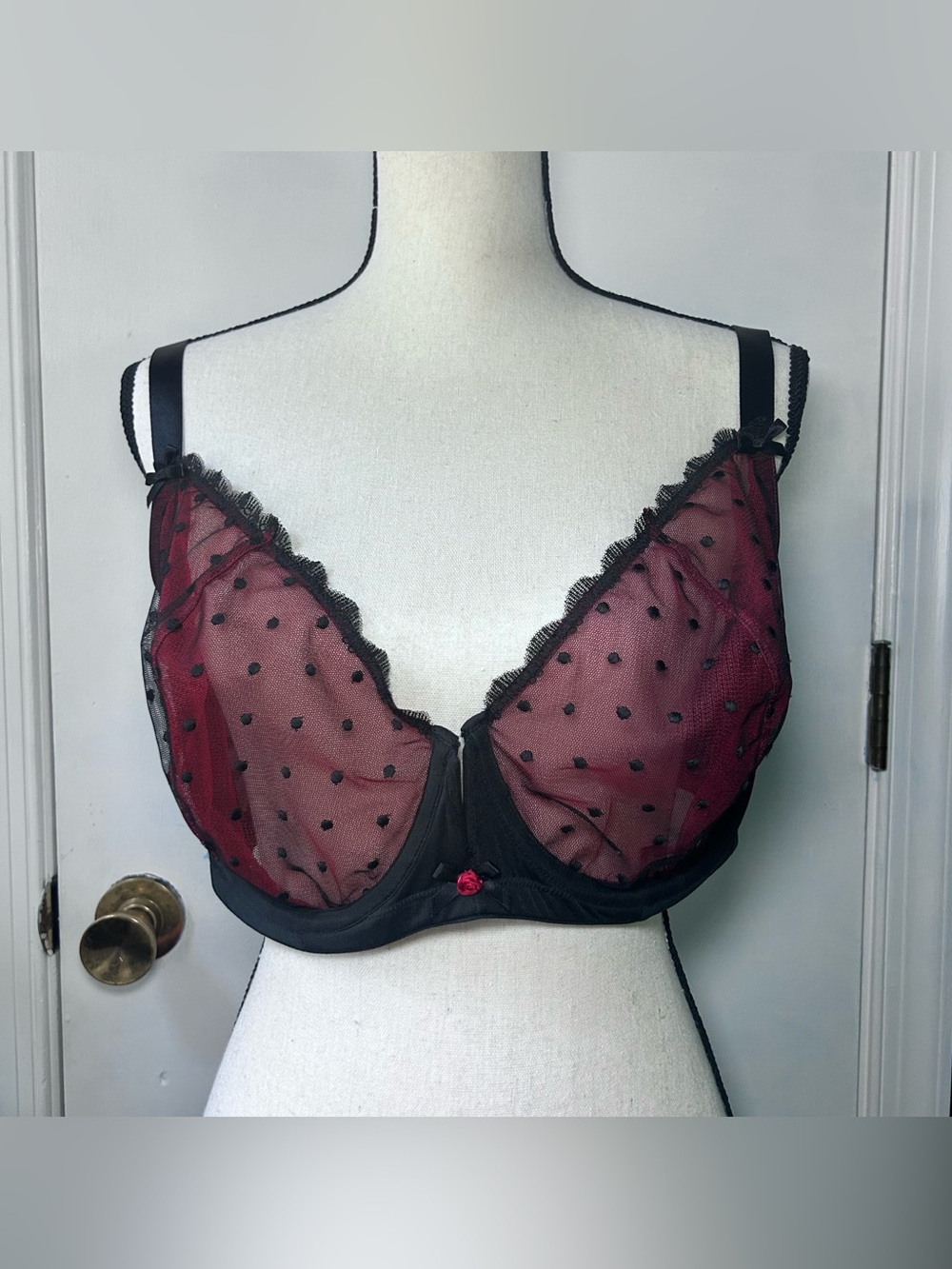 Cacique 42DDD Unlined Balconette Bra Burgundy Mesh Black Polka Dots.